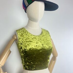 90’s Vintage Stretch Lime Olive Green Crushed Velvet Backless Crop Tank Top S M